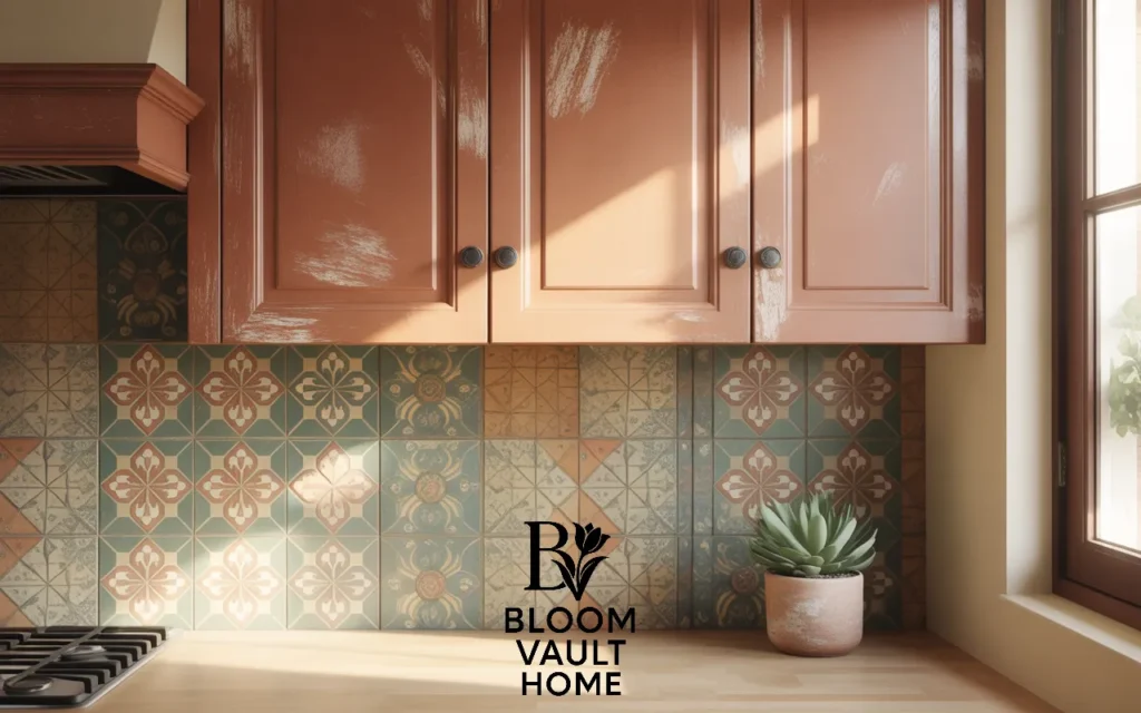 Boho Terracotta Cabinets with a Patterned Backsplash