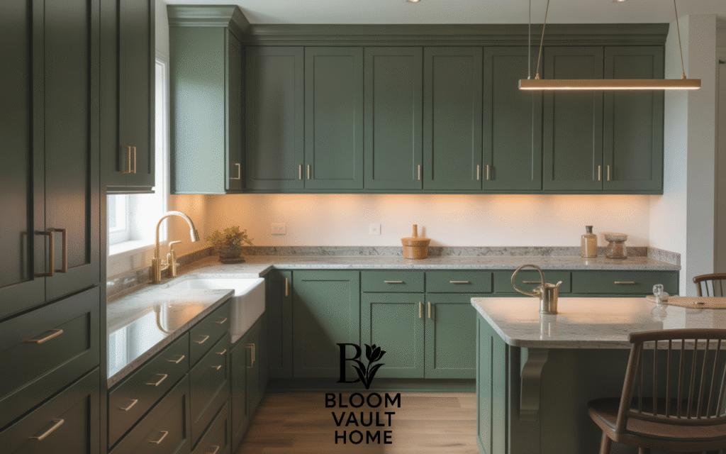Dark Green Shaker Cabinets with Gold Accents