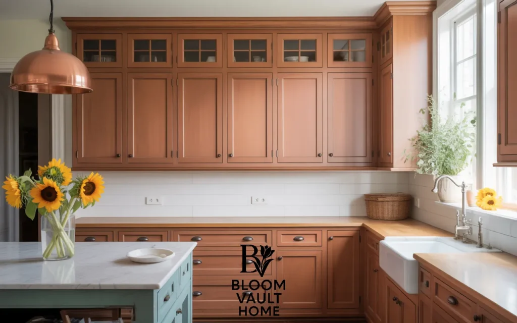 Farmhouse Terracotta Cabinets with Shiplap Backsplash