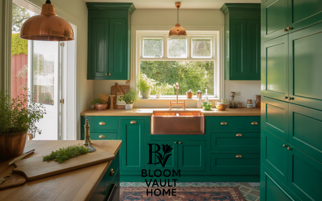 Green Kitchen with Copper Fixtures