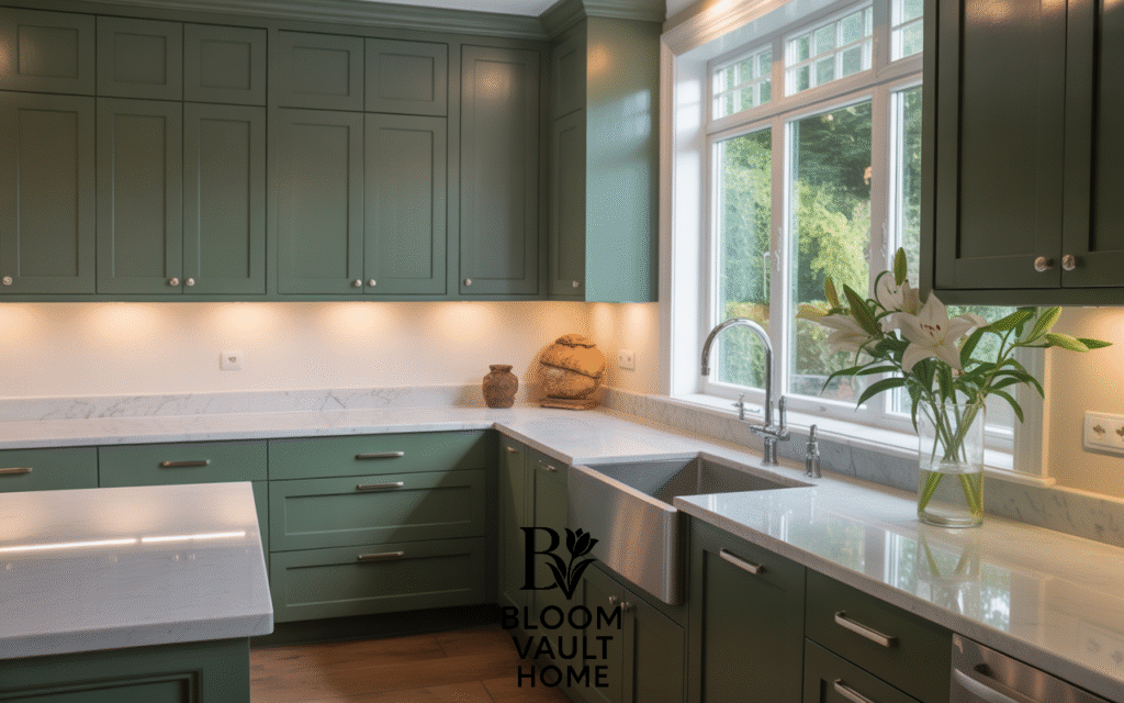 Matte Forest Green Cabinets + White Marble Counte…