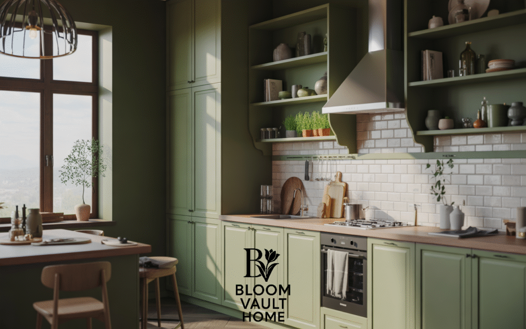 Moody Dark Green Walls & Open Shelving