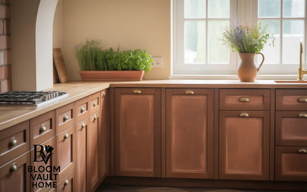 Rustic Terracotta Cabinets with Natural Wood Accents