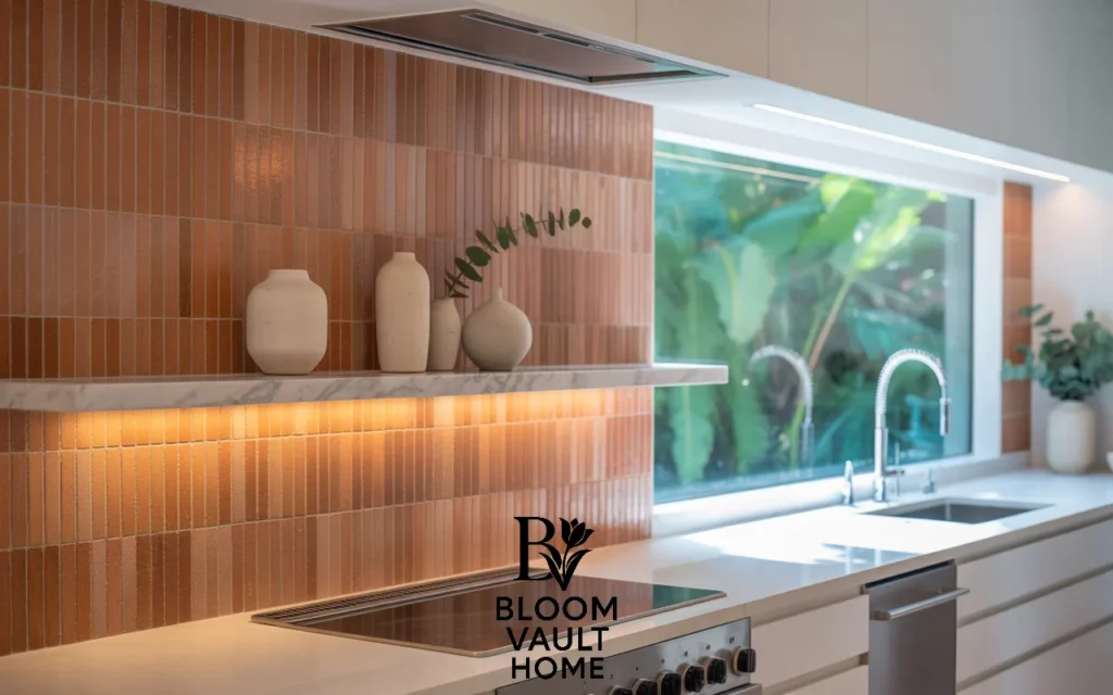 Terracotta Backsplash with Floating Marble Shelf