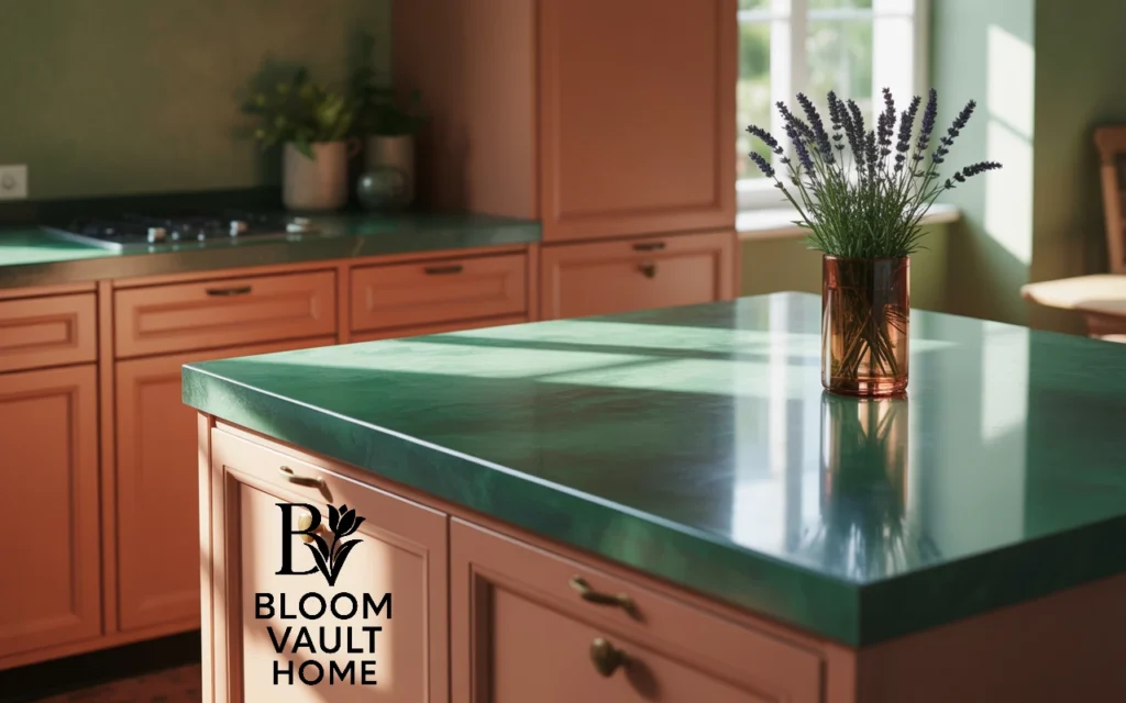 Terracotta Cabinets with Green Countertops for a Nature-Inspired Look