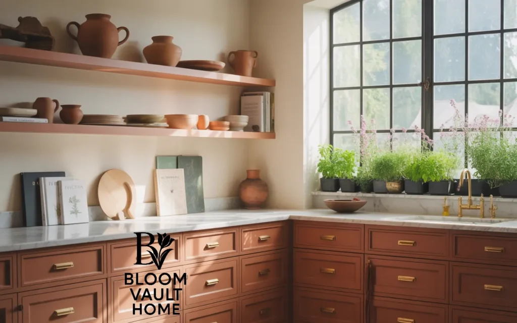 Terracotta Cabinets with Open Shelving for Airy Elegance