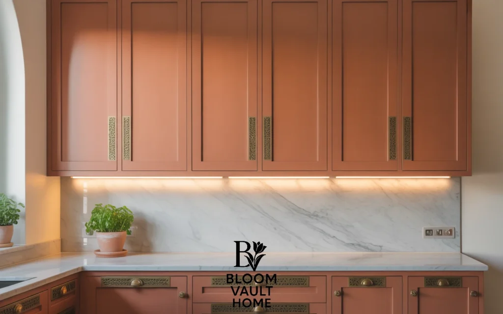 Terracotta Cabinets with Patterned Hardware for Personality