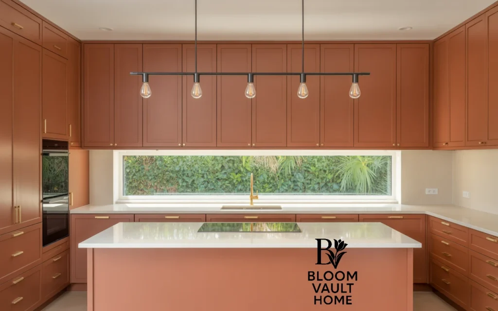 Terracotta Cabinets with Statement Lighting