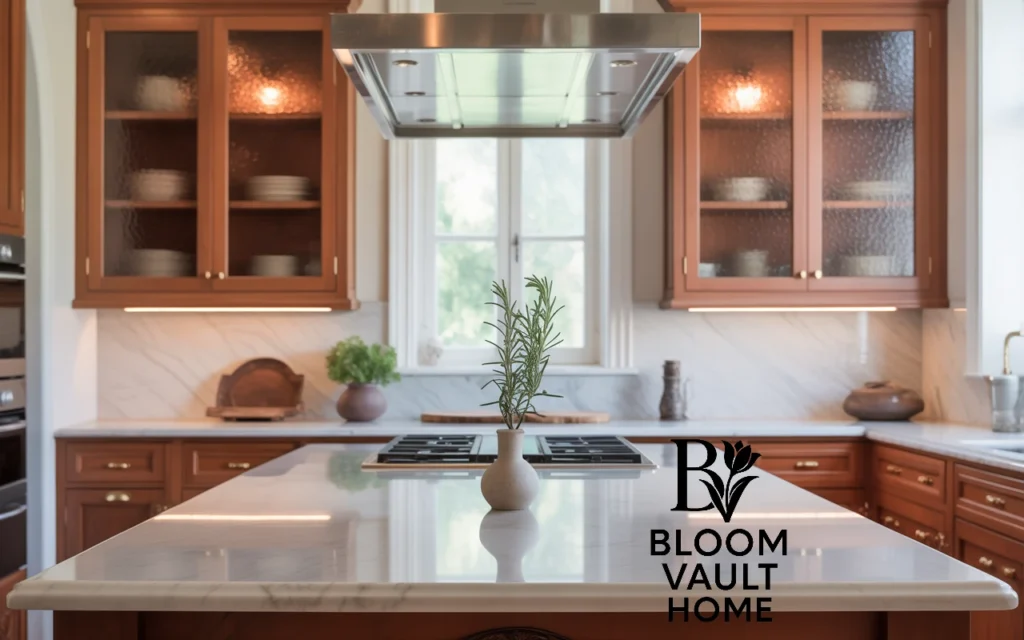 Terracotta Cabinets with Textured Glass Doors
