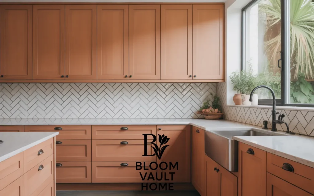Terracotta Cabinets with a Herringbone Backsplash