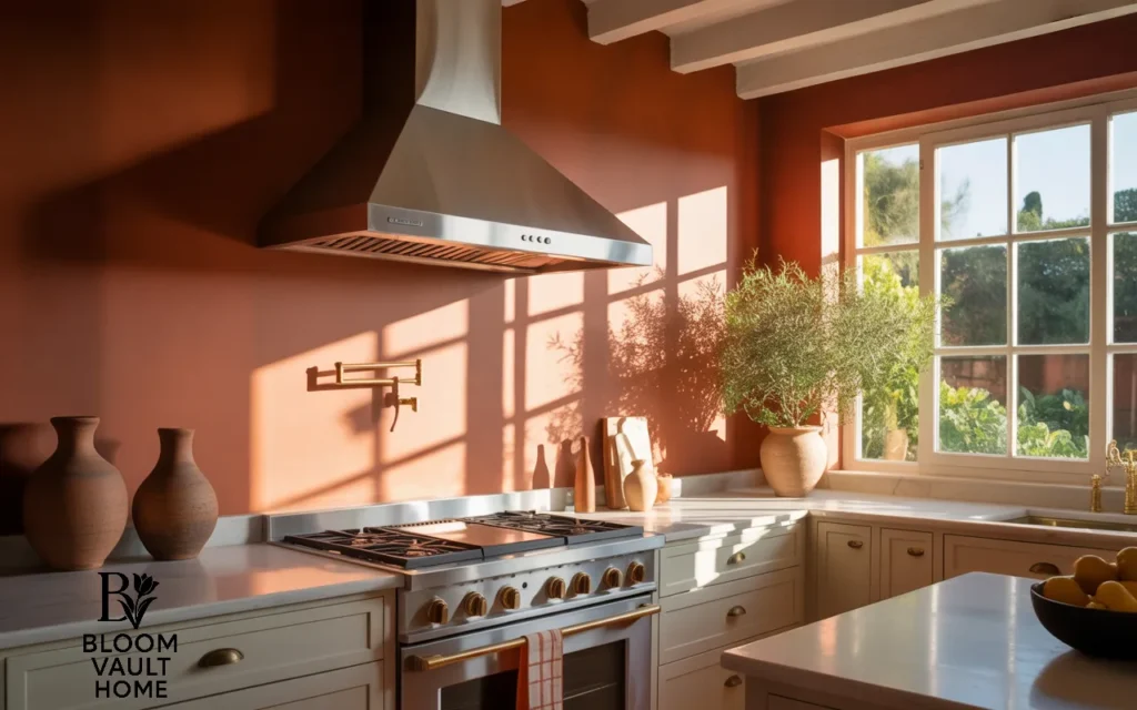 Terracotta Ceiling Beams in White Kitchen