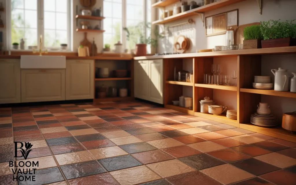 Terracotta Floor with Open Shelving