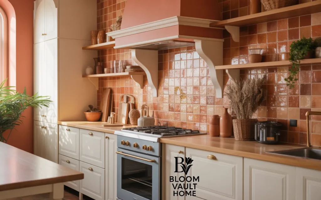 Terracotta Tile Backsplash with White Cabinets