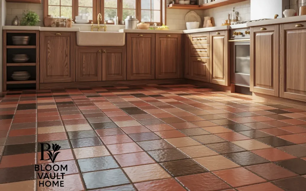 Terracotta Tiles with Wood Grain Cabinets
