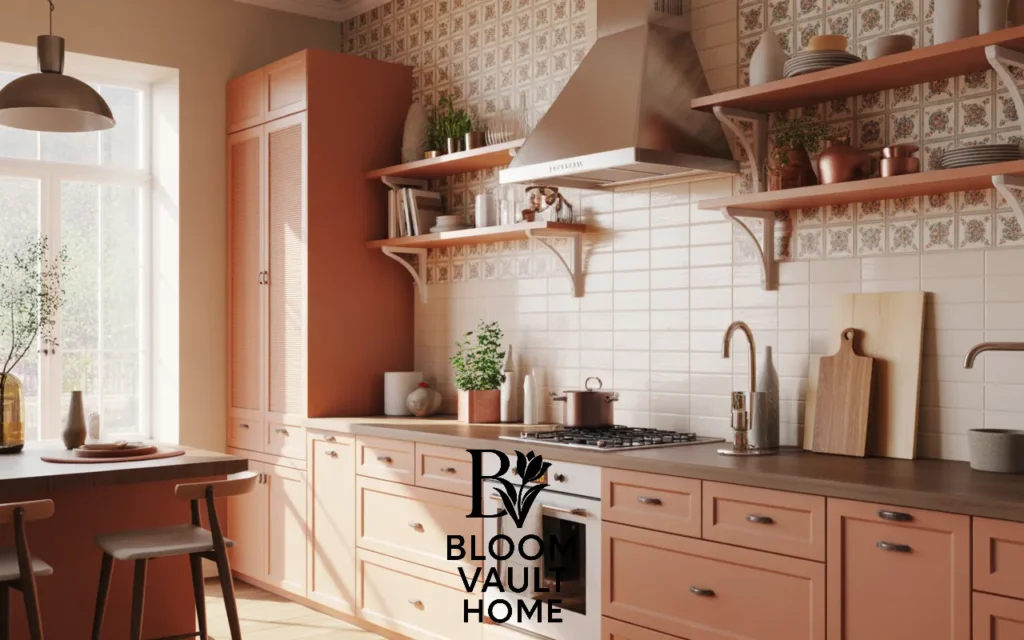 Terracotta with Patterned Wallpaper for Visual Interest