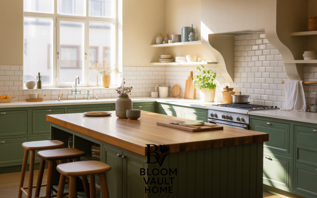 Traditional Dark Green Kitchen with Butcher Block