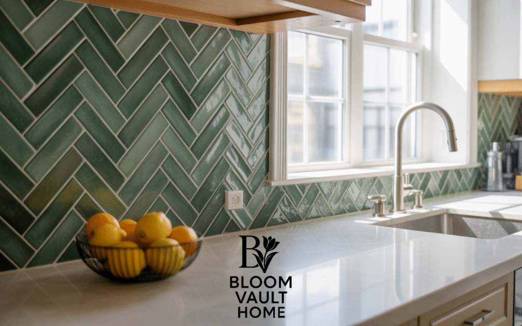 Green Herringbone Tile Backsplash