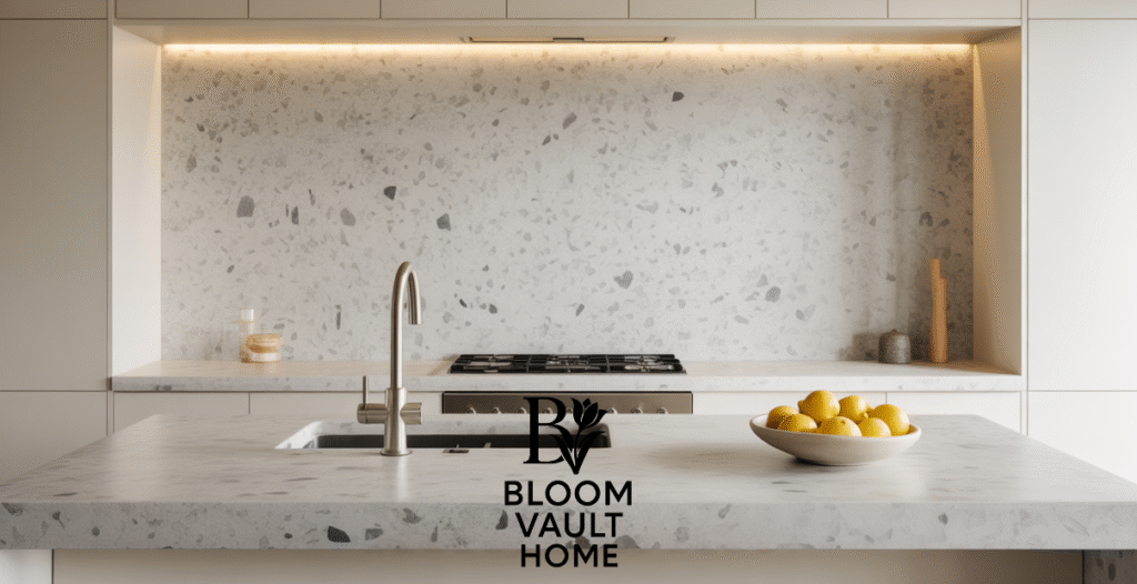Stone Backsplash with Terrazzo Countertops