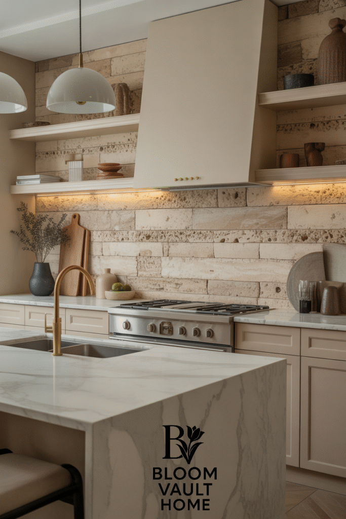 Bohemian Travertine Stone Wall Kitchen