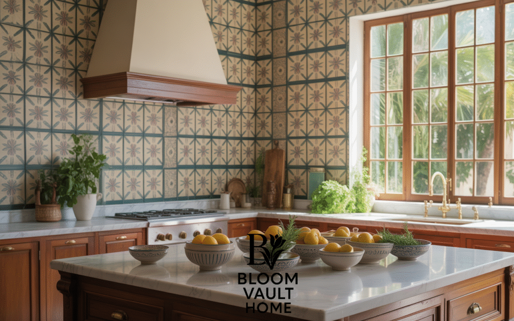 Boho Olive Green Kitchen with Patterned Tiles