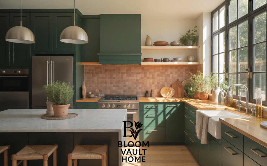 Dark Green Cabinets with Integrated Appliances