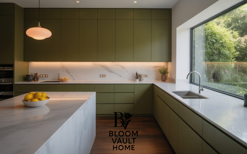 Dark Olive Cabinets with White Marble