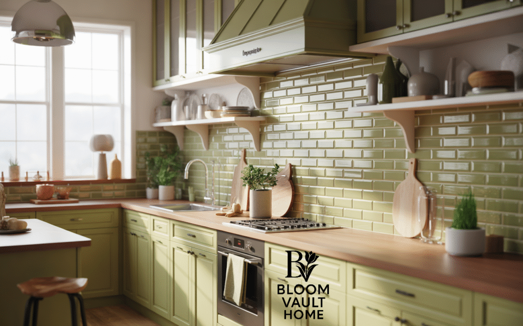 Glossy Olive Green Subway Tile Backsplash