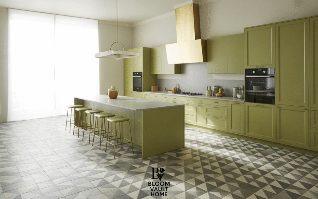 Green Kitchen with Patterned Floor Tiles