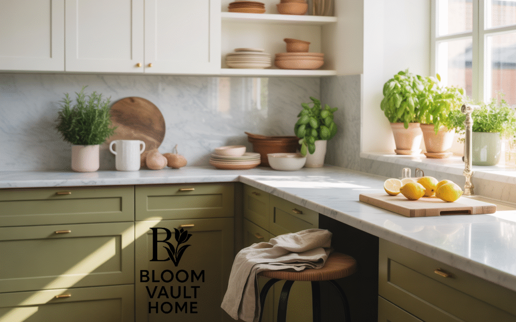 Matte Olive Green Lower Cabinets & White Uppers