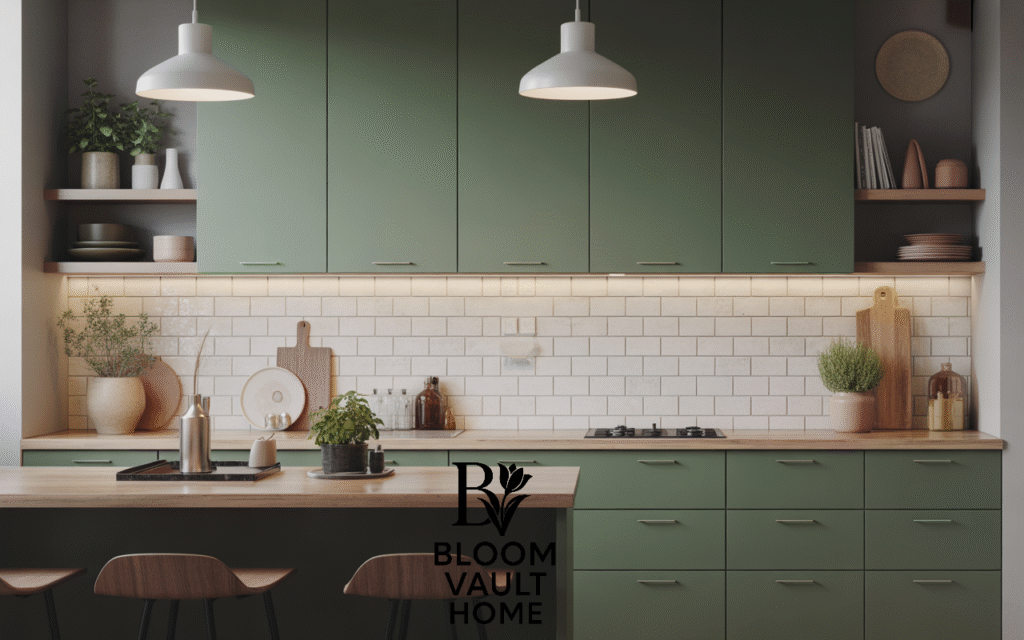 Minimalist Matte Dark Green Slab Cabinets