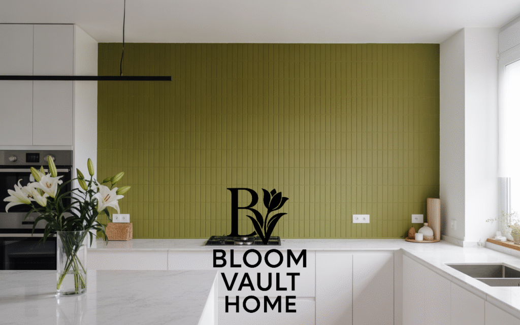 Olive Green Accent Wall in a White Kitchen