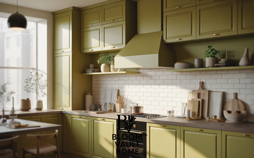Olive Green Cabinets with Integrated Lighting