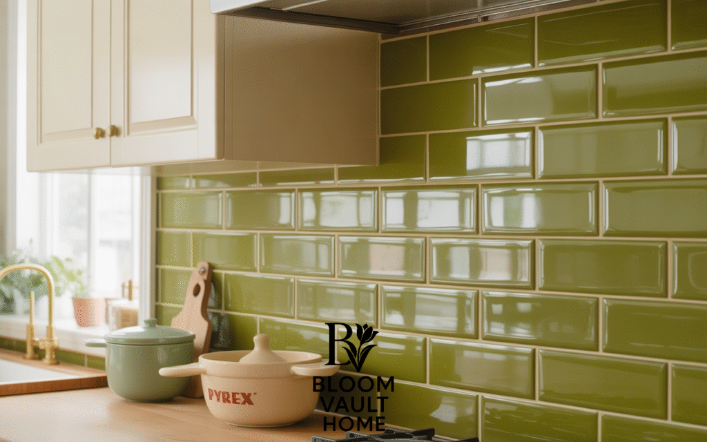 Olive Green Retro Tiles with Midcentury Cabinets