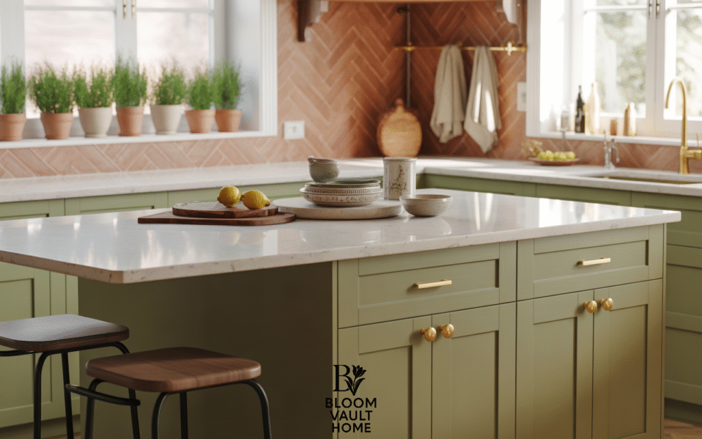 Olive Green Shaker Cabinets with Gold Hardware