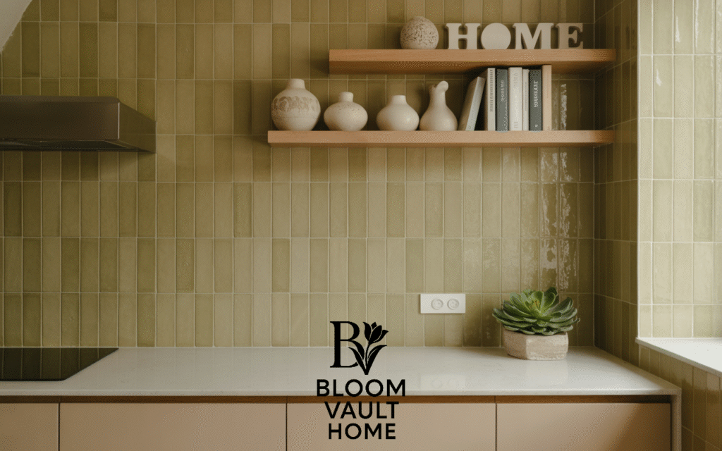 Olive Green Tile with Floating Wood Shelves
