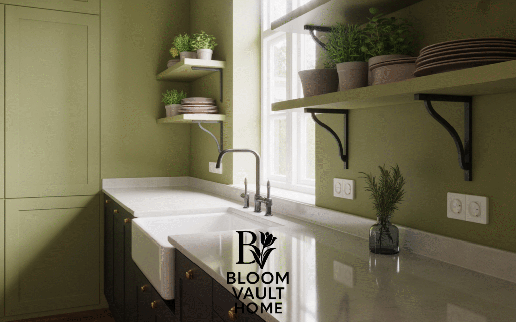 Olive Green with Black Fixtures and Open Shelves