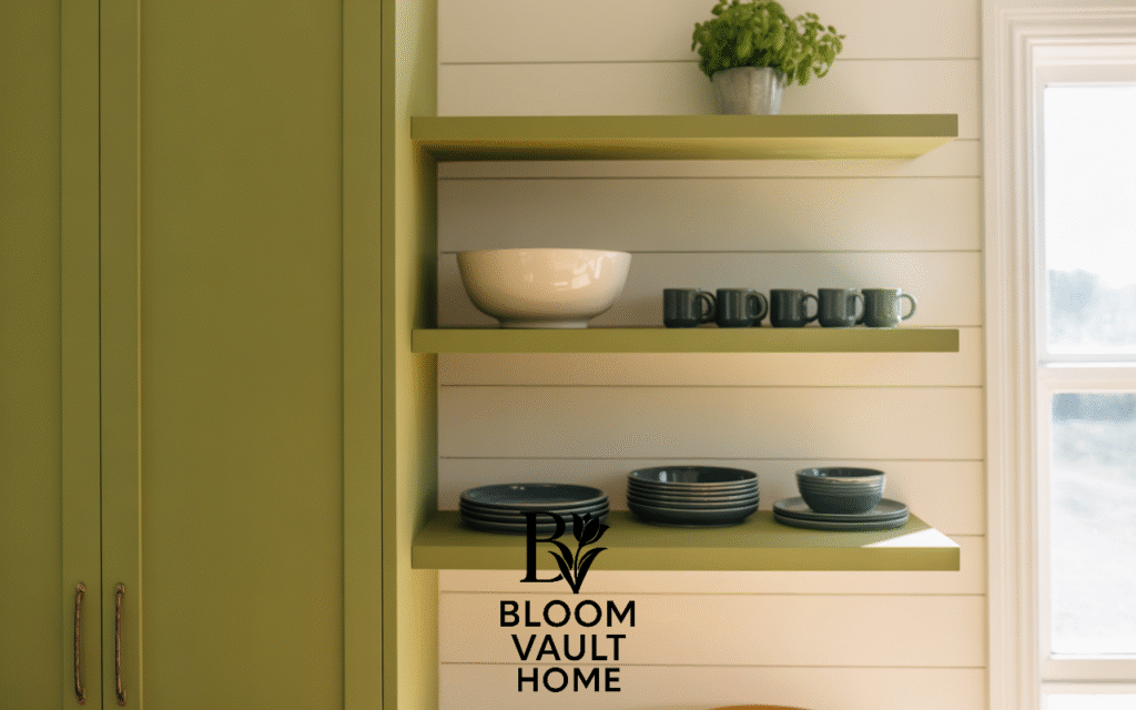 Open Olive Green Shelving Against White Shiplap