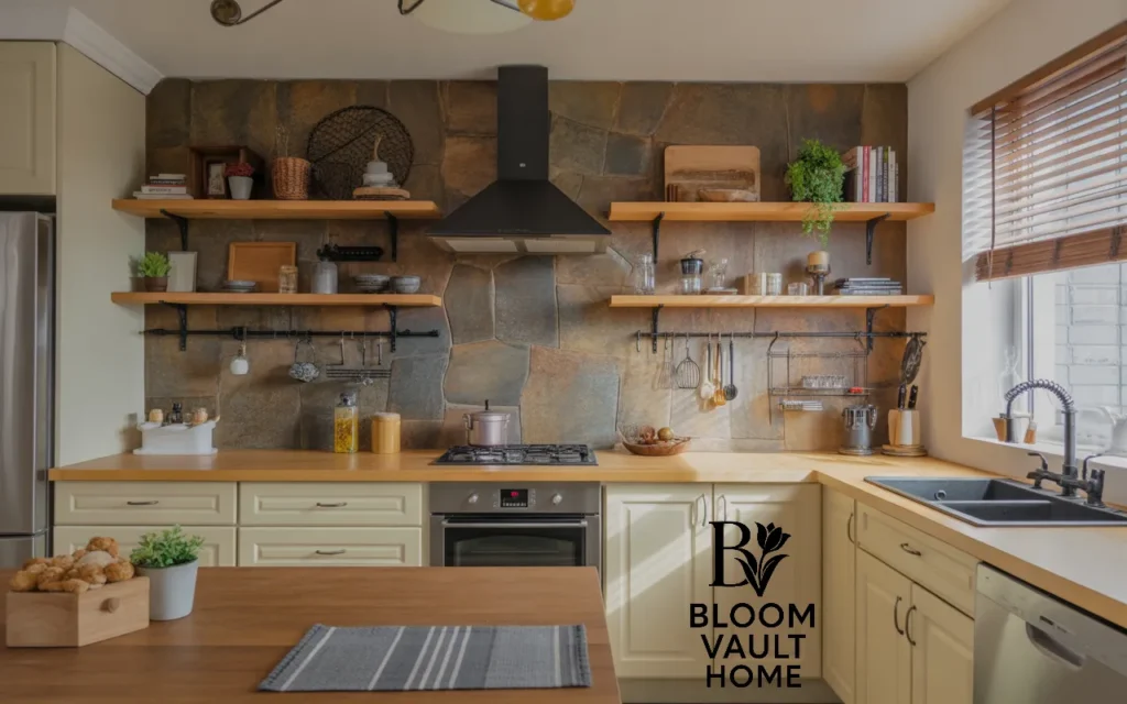 Rustic Stone Backsplash with Wooden Shelves