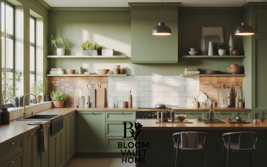 Sage-Green Walls with Dark Green Cabinetry