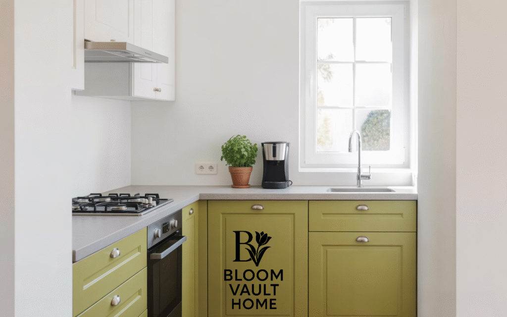 Small Kitchen? Try Olive Green on Lower Cabinets Only