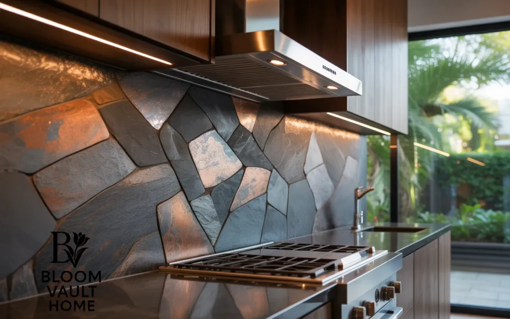 Stone Backsplash with Metallic Accents