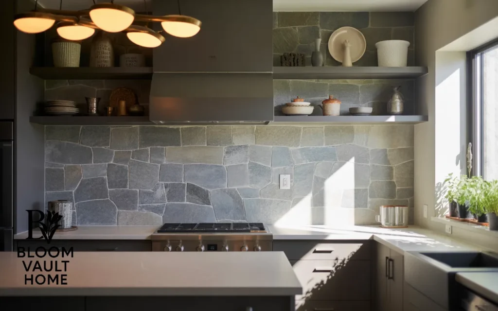 Stone Backsplash with Open Shelving
