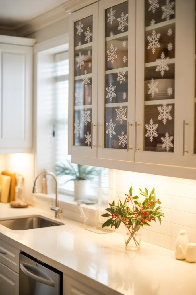 Snowflake Window Clings on Glass Cabinets